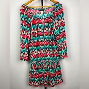 La Blanca‎ Puff Tie Sleeve Keyhole Neckline Zig-Zag Knit Smock Waist Coverup